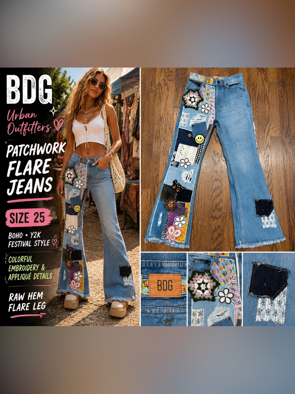 BDG Urban Outfitters Patchwork Flare Jeans Size 25 Boho Embroidered Wide LegY2K